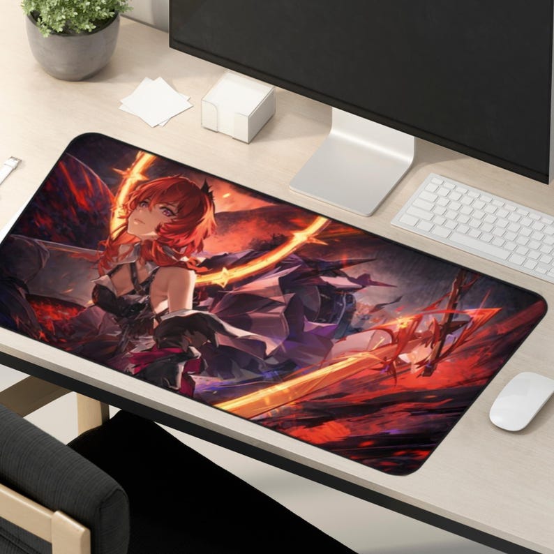 May include: A rectangular mousepad featuring a vibrant anime-style illustration. The artwork showcases a female character with red hair, set against a fiery red and orange background. The mousepad is on a light-colored desk with a computer and accessories.
