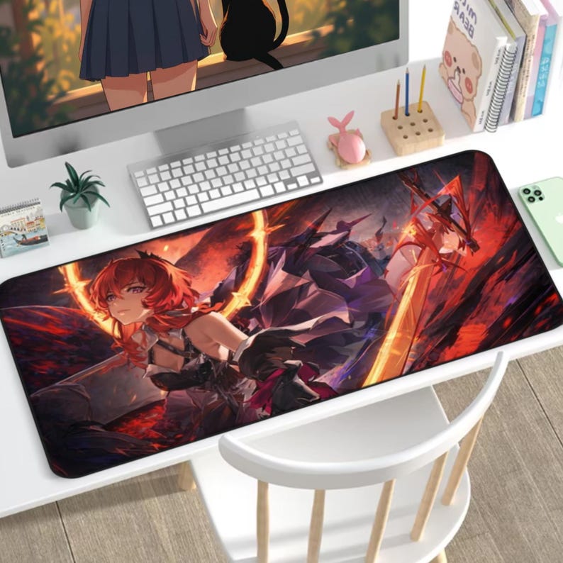 May include: A rectangular desk mousepad featuring a vibrant anime-style illustration. The design showcases a female character with red hair, set against a fiery, dynamic background with shades of red, orange, and purple. The mousepad is on a white desk with a keyboard.