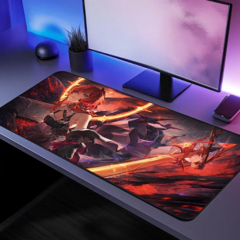 May include: A rectangular mousepad featuring a vibrant anime-style illustration. The artwork showcases a female character with red hair, set against a fiery, orange and red background. The mousepad is designed for computer use.