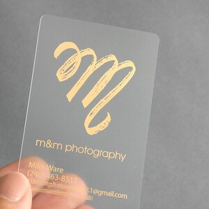 100 Business Cards - Frosted plastic stock - w gold silver matte glossy metallic foil opaque recyclable custom printed clear see through USA