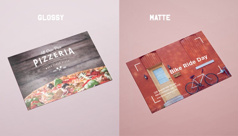 May include: Two rectangular cards with different finishes. The left card is glossy, featuring a pizza image and text reading All Our Pies PIZZERIA WOOD FIRED PIZZA. The right card is matte, showing a red brick building and text reading Bike Ride Day.