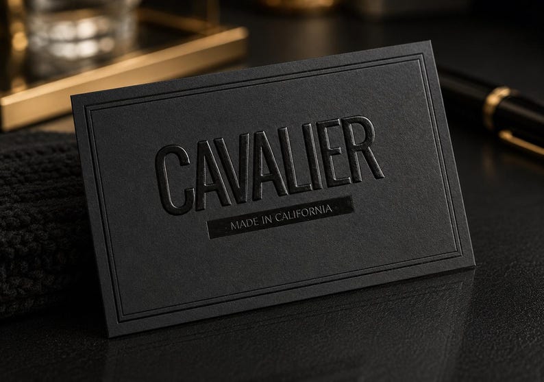 May include: A rectangular black business card featuring the word CAVALIER in large, embossed, glossy black lettering. Below the main text, a smaller rectangular area contains the words MADE IN CALIFORNIA. The card has a double-line border.
