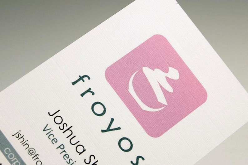 May include: A white business card with the text "froyo.s" in dark green letters. The text "Joshua S" and "Vice President" are also in dark green letters. A pink square with a white stylized tree design is in the upper right corner.