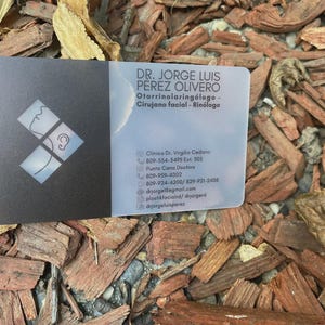 May include: A rectangular business card with a matte black left side featuring a white geometric logo of a profile and ear, and a translucent right side with black text for Dr. Jorge Luis Perez Olivero, Otorrinolaringologo, and contact details.