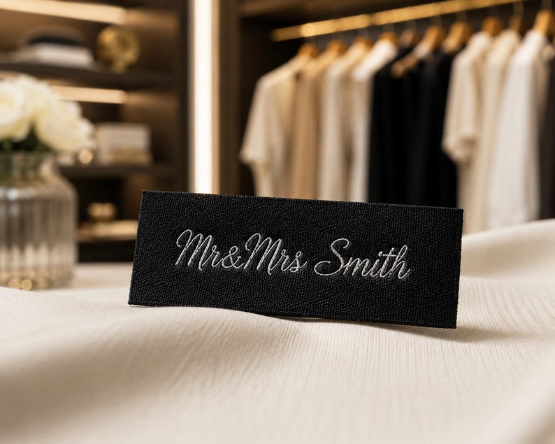 May include: A rectangular black fabric label featuring the embroidered white text Mr & Mrs Smith in a cursive script font. The label is positioned on a light-colored, textured fabric surface, displaying clear stitching and a clean, finished edge.