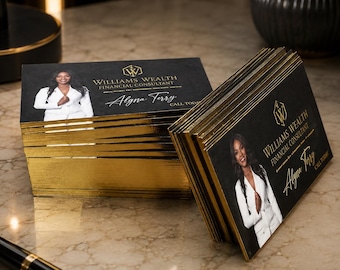250 Business Cards | 45PT White Cotton Uncoated Textured | Gold Silver Rose Gold Copper Bronze Foil | Gilded Leaf Edges | Custom Printed USA