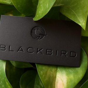 May include: A rectangular matte black business card featuring the word BLACKBIRD embossed in capital letters and a circular logo depicting a bird silhouette centered above the text. The card has a smooth, dark finish and clean edges.