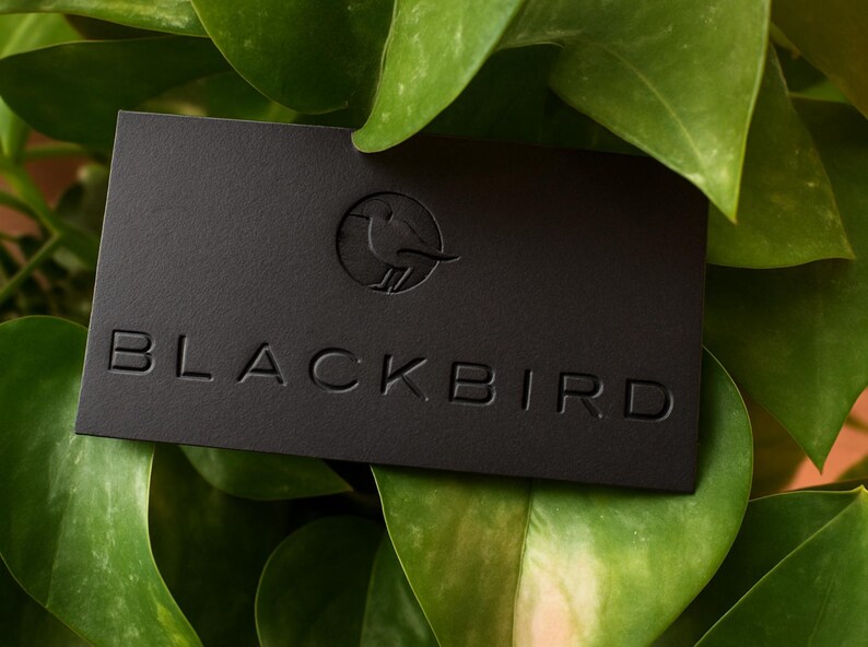 May include: A rectangular matte black business card featuring the word BLACKBIRD embossed in capital letters and a circular logo depicting a bird silhouette centered above the text. The card has a smooth, dark finish and clean edges.