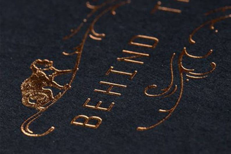 May include: A dark charcoal textured paper surface featuring metallic copper foil stamping. The design includes a stylized illustration of a small animal and elegant swirling flourishes alongside the partial text BEHIND T, rendered in a clean serif font.
