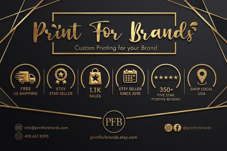May include: A black graphic banner with gold geometric lines and the text Print For Brands Custom Printing for your Brand. It features icons for shipping, star seller status, 1.1K sales, 2010 start date, 350+ reviews, and local USA shop.