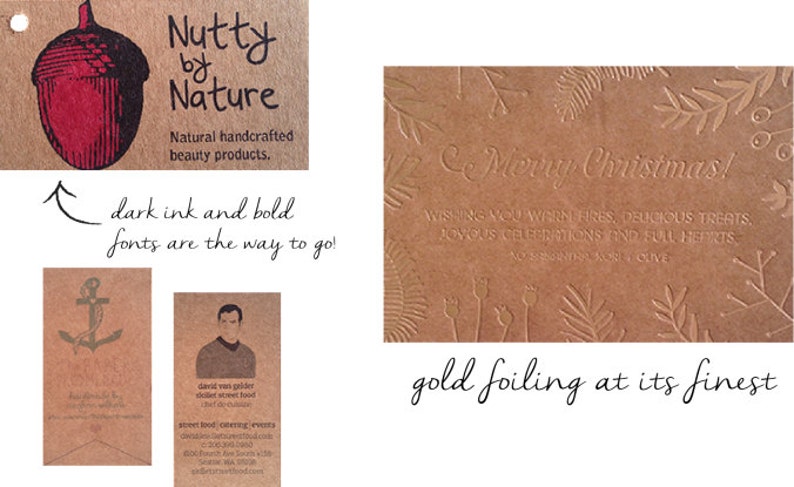May include: A collection of brown paper tags and cards featuring various designs. One tag shows a red acorn illustration with the text Nutty by Nature. Another card displays gold foil embossed Merry Christmas text with botanical patterns.