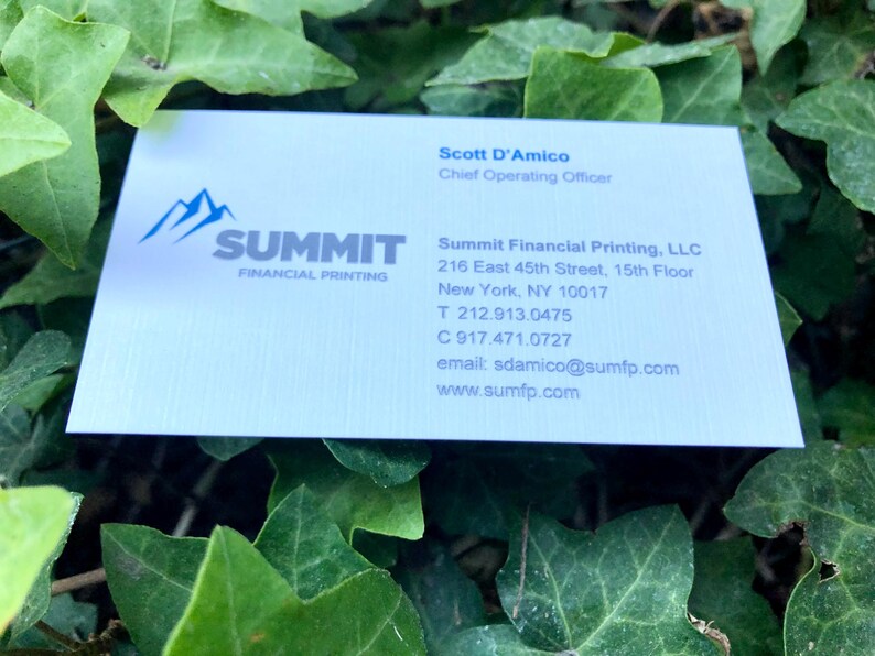 K&ouml;nnte beinhalten: Eine wei&szlig;e Visitenkarte mit einem blauen Bergsymbol und dem Text Summit Financial Printing. Sie enth&auml;lt den Namen Scott D'Amico, Chief Operating Officer, die Adresse 216 East 45th Street, 15th Floor, New York, NY 10017, Telefonnummern und E-Mail-Adresse.