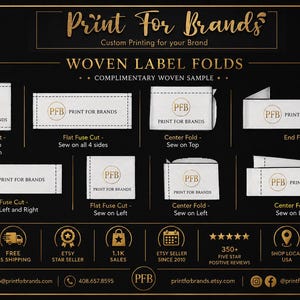 May include: A black informational chart titled WOVEN LABEL FOLDS displaying various white fabric label styles with the PFB logo and Print For Brands text. It illustrates flat fuse cuts, center folds, and end folds with sewing instructions.