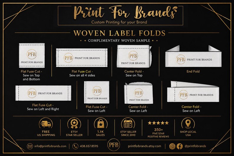 May include: A black informational chart titled WOVEN LABEL FOLDS displaying various white fabric label styles with the PFB logo and Print For Brands text. It illustrates flat fuse cuts, center folds, and end folds with sewing instructions.