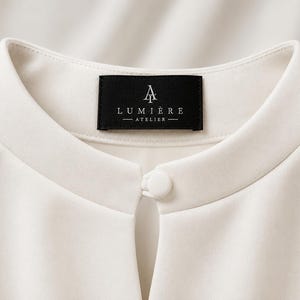 May include: A cream-colored blouse featuring a mandarin collar, a single fabric-covered button closure, and a keyhole neckline. A black rectangular brand label is sewn into the inner collar, displaying the white text LUMI&Egrave;RE ATELIER.