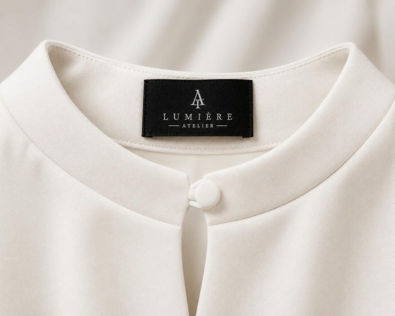 May include: A cream-colored blouse featuring a mandarin collar, a single fabric-covered button closure, and a keyhole neckline. A black rectangular brand label is sewn into the inner collar, displaying the white text LUMI&Egrave;RE ATELIER.