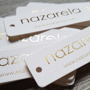 200 Jewelry Cards or hang tags - metallic foil on 16 PT matte stock - tiny slim mini long size - 2.25"x0.6" custom printed gold silver rose