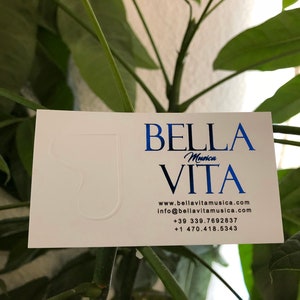 May include: A white business card with the words "BELLA Musica VITA" in blue and black. The card also includes a website address, email, and phone numbers. The card is set against a backdrop of green leaves.