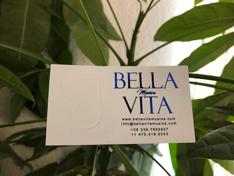 May include: A white business card with the words "BELLA Musica VITA" in blue and black. The card also includes a website address, email, and phone numbers. The card is set against a backdrop of green leaves.