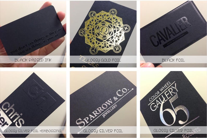 May include: A collection of six rectangular black business cards showcasing various printing techniques including black raised ink, glossy gold foil, black foil, glossy silver foil with embossing, and standard glossy silver foil with custom text.