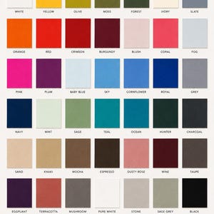 May include: A color chart titled COTTON PAPER COLLECTION displaying a grid of square paper swatches in various shades including white, yellow, olive, moss, forest, ivory, slate, orange, red, crimson, burgundy, blush, coral, fog, pink, plum, baby blue, sky, cornflower, royal, grey, navy, mint, sage, teal, ocean, hunter, charcoal, sand, khaki, mocha, espresso, dusty rose, wine, taupe, eggplant, terracotta, mushroom, pure white, stone, sage grey, black, frost, natural, cotton, pearl, and vanilla.