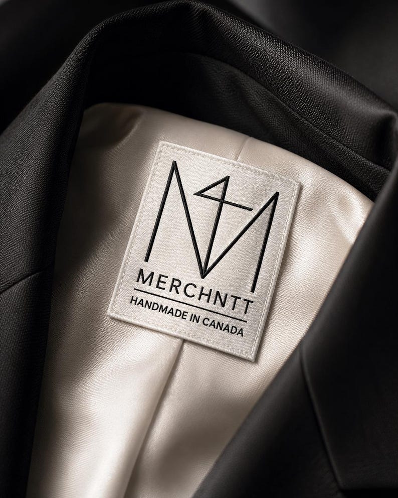 May include: A black blazer with a cream-colored satin lining. A rectangular white fabric label is sewn into the interior neck, featuring a black geometric logo, the text MERCHNTT, and the words HANDMADE IN CANADA printed in black ink.