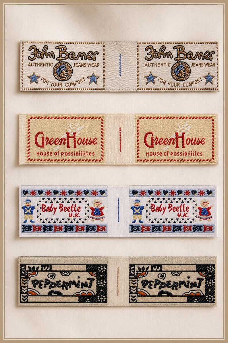 May include: Four rectangular fabric clothing labels featuring embroidered designs. The top label reads John Baner Authentic Jeans Wear For Your Comfort. The second reads GreenHouse House of possibilities. The third reads Baby Beetle U.K. The bottom reads PEPPERMINT.