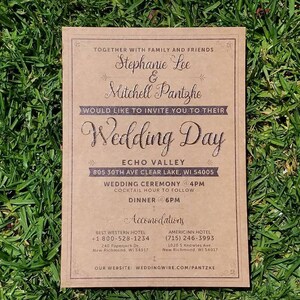 May include: A rectangular wedding invitation on a bed of green grass. The invitation is tan with dark brown text, including the names Stephanie Lee and Mitchell Pantzke, and details for the wedding ceremony and reception.