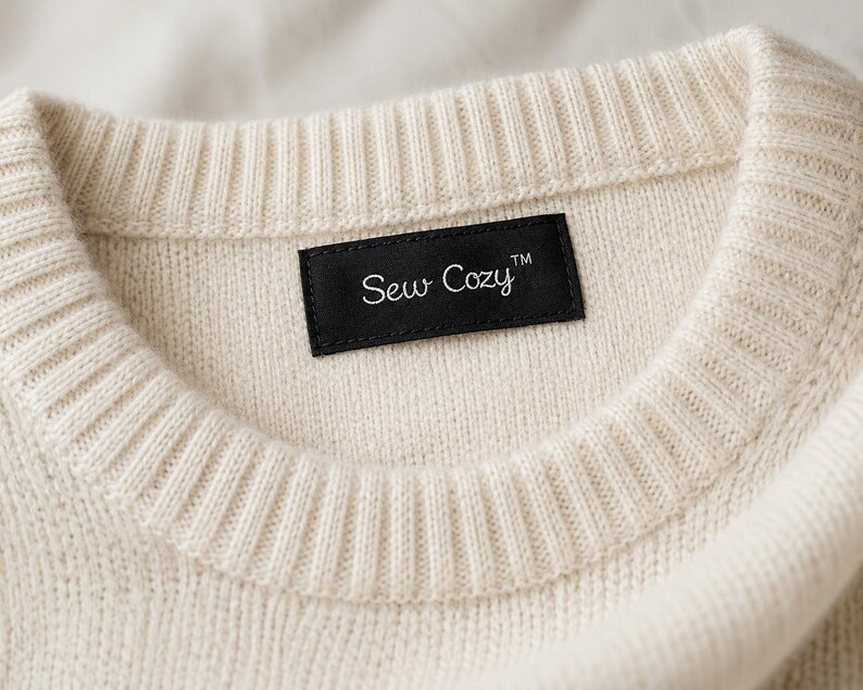 May include: A cream-colored knit sweater featuring a ribbed crew neckline and a rectangular black fabric label sewn into the inner collar. The label displays the white text Sew Cozy with a trademark symbol in a simple, clean font style.