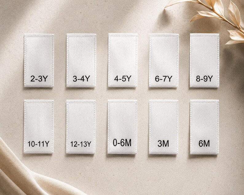 May include: A set of ten rectangular white fabric clothing labels arranged in two rows. Each label features black printed text indicating age sizes: 2-3Y, 3-4Y, 4-5Y, 6-7Y, 8-9Y, 10-11Y, 12-13Y, 0-6M, 3M, and 6M. The labels have a woven texture.