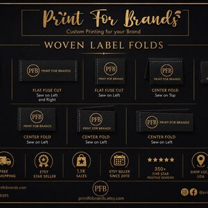 May include: A black informational chart titled Print For Brands Custom Printing for your Brand displaying various woven label folds including flat fuse cut, center fold, and end fold styles with gold text and icons on a dark background.
