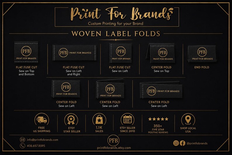 May include: A black informational chart titled Print For Brands Custom Printing for your Brand displaying various woven label folds including flat fuse cut, center fold, and end fold styles with gold text and icons on a dark background.