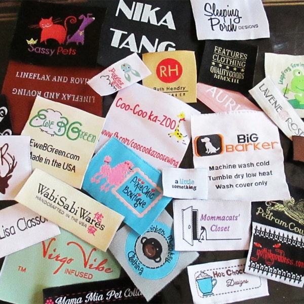 1000 custom woven labels - high density DAMASK weave fabric tags - Clothing Clothes Hang sewing Sew on Iron on dress tags made with logo USA