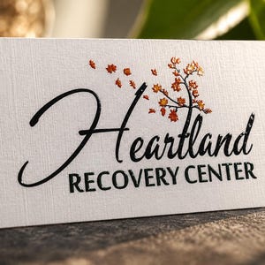 K&ouml;nnte beinhalten: Eine wei&szlig;e, rechteckige Visitenkarte mit strukturierter Oberfl&auml;che. Die Karte zeigt den schwarzen Schriftzug Heartland RECOVERY CENTER und eine Grafik eines Baumes mit orangefarbenen und roten Herbstbl&auml;ttern im Wind &uuml;ber dem Wort Heartland.