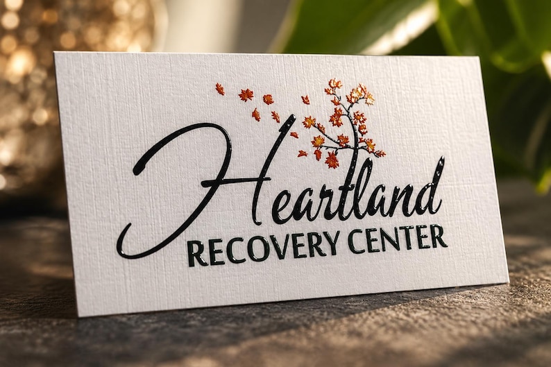 K&ouml;nnte beinhalten: Eine wei&szlig;e, rechteckige Visitenkarte mit strukturierter Oberfl&auml;che. Die Karte zeigt den schwarzen Schriftzug Heartland RECOVERY CENTER und eine Grafik eines Baumes mit orangefarbenen und roten Herbstbl&auml;ttern im Wind &uuml;ber dem Wort Heartland.