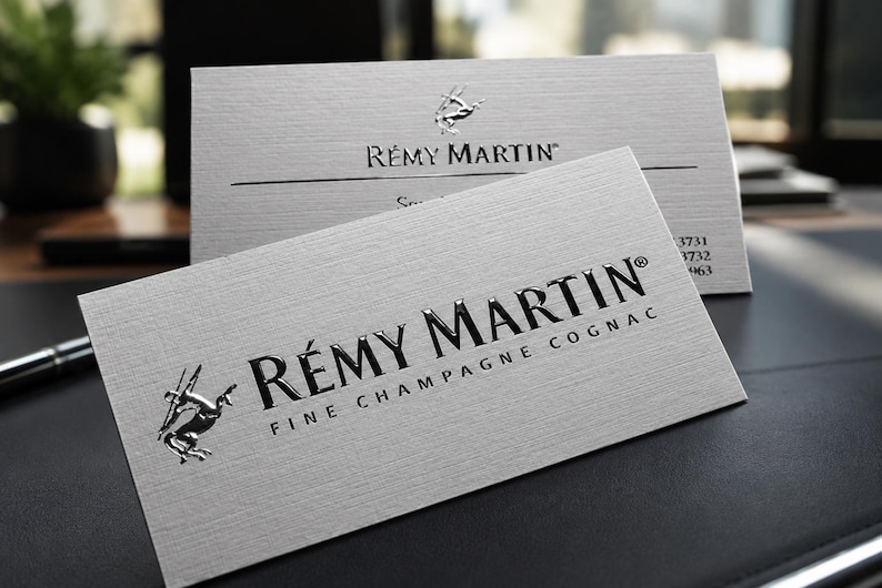 K&ouml;nnte beinhalten: Zwei rechteckige wei&szlig;e Visitenkarten mit strukturierter Oberfl&auml;che. Die Karten zeigen den schwarzen gepr&auml;gten Text R&Eacute;MY MARTIN und die Worte FINE CHAMPAGNE COGNAC, begleitet von einem silbernen metallischen Zentaur-Logo links.