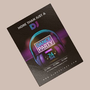 May include: A rectangular flyer with a black background featuring a pair of neon blue and purple headphones. The text reads MORE THAN JUST A DJ, DANCE PARTY, ALL NIGHT, 24 APR, DJ Allen, DJ Mike, DJ Sam, 4111 Emerson Road, Shreveport, LA 71111, and WWW.DJWEDDINGS.COM.