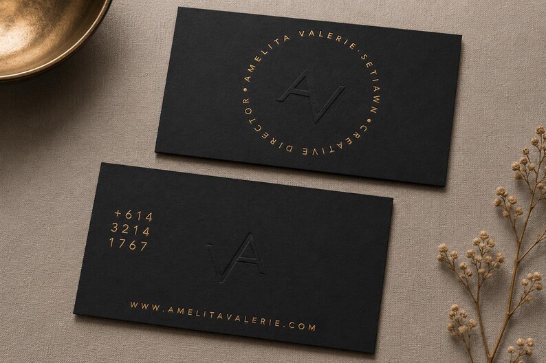 May include: Two rectangular black business cards with gold foil lettering. The top card features a circular design with the text AMELITA VALERIE SETIAWN CREATIVE DIRECTOR and the initials AV. The bottom card displays the phone number +614 3214 1767, the initials VA, and the website WWW.AMELITAVALERIE.COM.