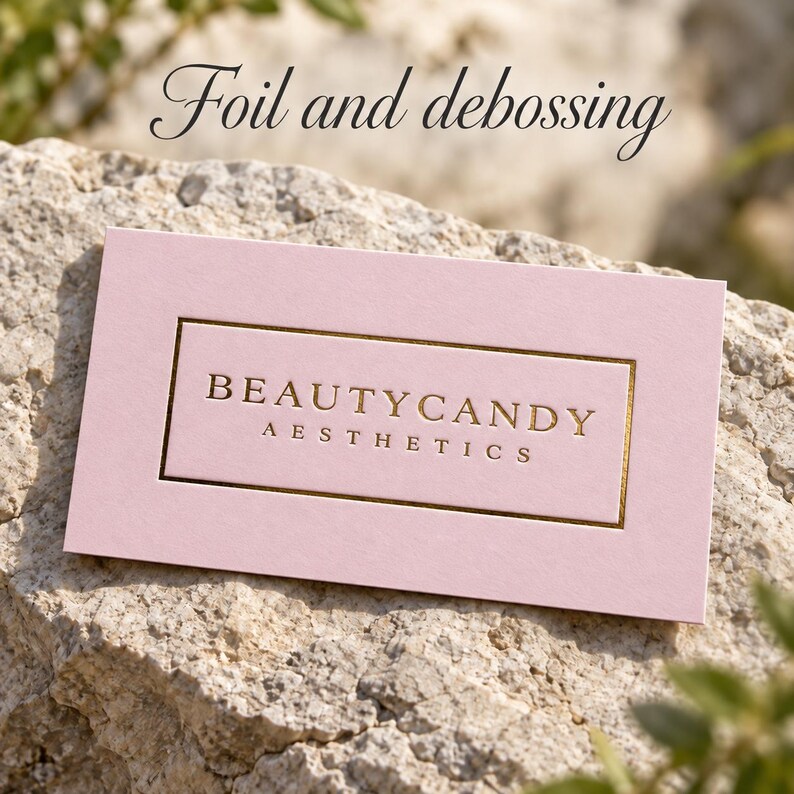May include: A rectangular light pink business card featuring the text "BEAUTYCANDY AESTHETICS" in gold foil lettering. The card has a debossed rectangular border around the text. The words "Foil and debossing" appear above the card.