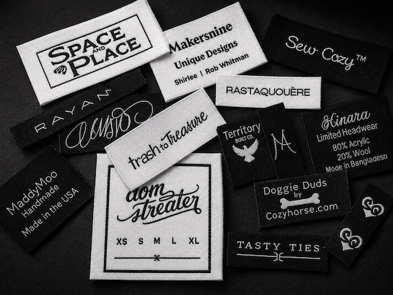 200 Custom Woven Labels · High Density Damask Fabric Clothing Tag · Black + White logo · Dress Apparel Hang Swing Tags Labels · USA Supplier
