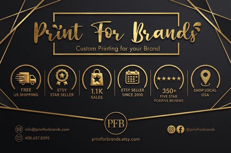 May include: A black graphic banner with gold geometric lines and text reading Print For Brands Custom Printing for your Brand. It features six gold icons representing shipping, star seller, sales, years active, reviews, and location, plus contact info.