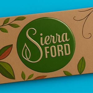 May include: A rectangular card with the words "Sierra Ford" in gold lettering on a green circle. The card has a tan background with green and orange leaf and floral designs. The background is on a blue surface.