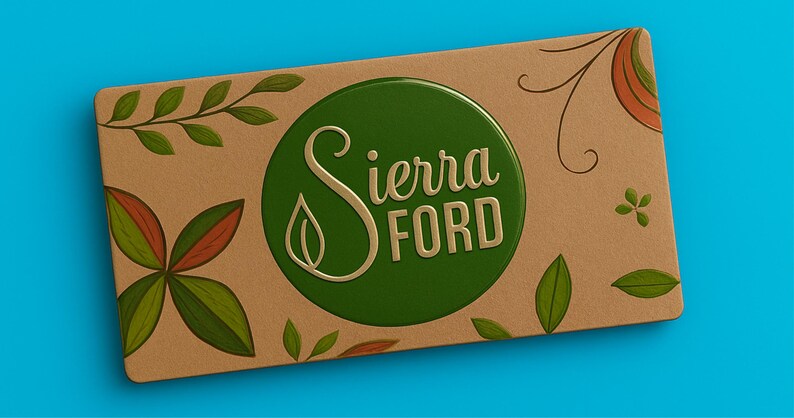 May include: A rectangular card with the words "Sierra Ford" in gold lettering on a green circle. The card has a tan background with green and orange leaf and floral designs. The background is on a blue surface.