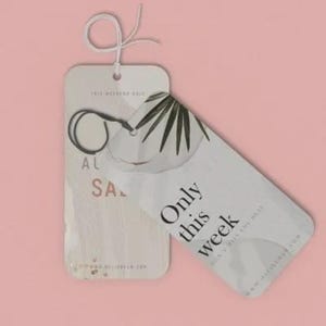 May include: Two rectangular paper tags with rounded corners and white string loops. The top tag features a palm leaf graphic and the black text "Only this week". The bottom tag displays the text "AL" and "SALE" in a light pink font.