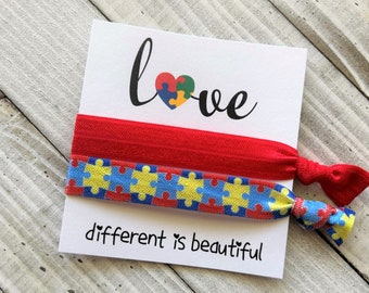 Puzzle piece hair ties Autism awareness love different is beautiful hair ties party favors gift custom card hair ties