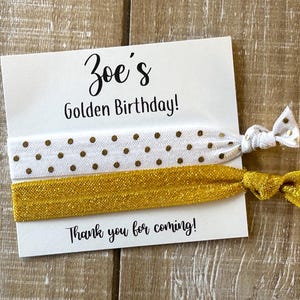Golden Birthday Hair Tie Party Favors: Glitter & Gold Accents custom personalization card