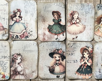 Storybook style girls vintage style storybook style girls junk journal cards 2 1/2 X 3 1/2 journal cards card topper set of 10