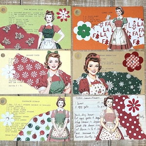 Christmas altered recipe cards junk journal, journal cards, scrapbooking, happy mail Christmas theme altered vintage recipe set of 6