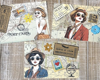 Altered postcards junk journal, travel journal cards, scrapbooking, happy mail altered vintage postcard set of 3 journal planner cards