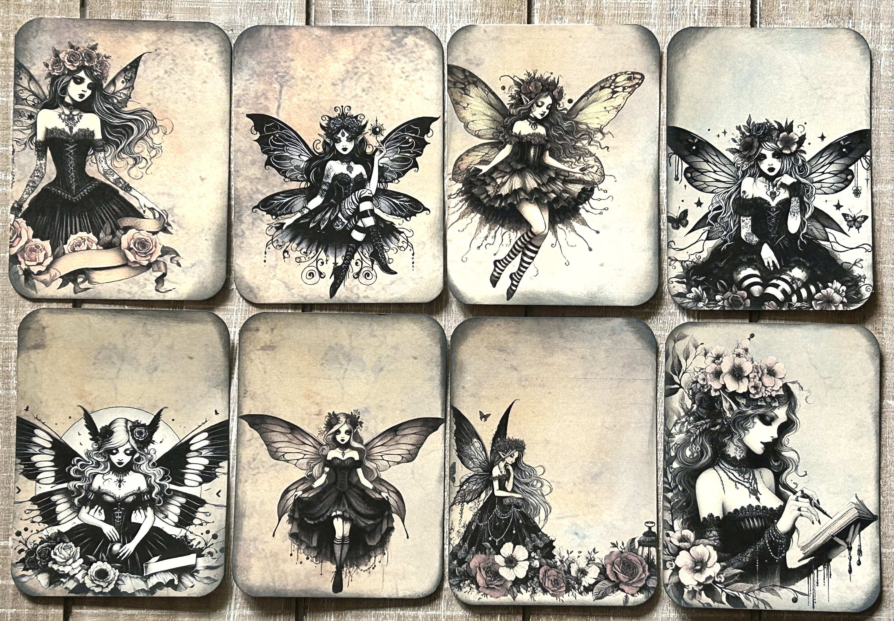 gothic fairies junk journal vintage style journal cards 3 X 4 journal cards dark fairy Faries junk journal cards set of 8